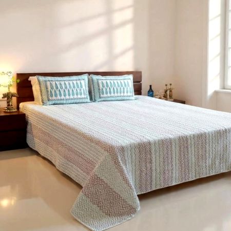 Handmade Blue Tree Pattern Mulmul Cotton Quilted Bedcover